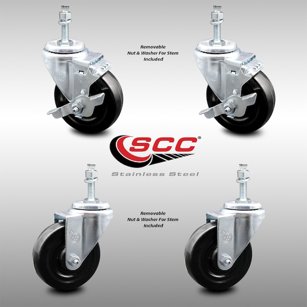 Service Caster 4 Inch SS Hard Rubber Wheel Swivel 10mm Threaded Stem Caster Brakes, 2PK SCC-SSTS20S414-HRS-M1015-2-TLB-2 - main